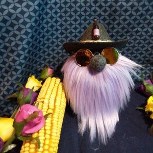 Gnome Cowboy Purple Beard with Glasses and a Budweiser waiting to drink on Hat